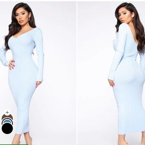 Elegant Light Blue Ribbed Knit Dress